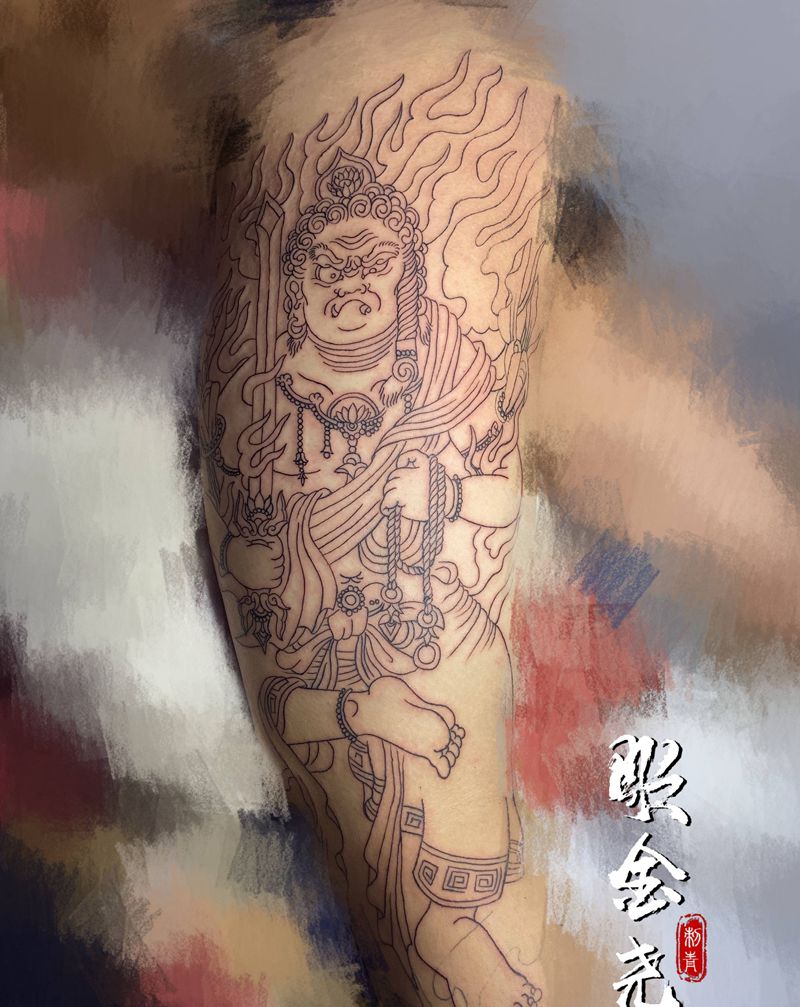 不动明王纹身图片_腿部老传统不动尊菩萨不动明王纹身图案