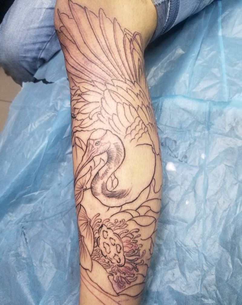 小腿仙鹤纹身图片