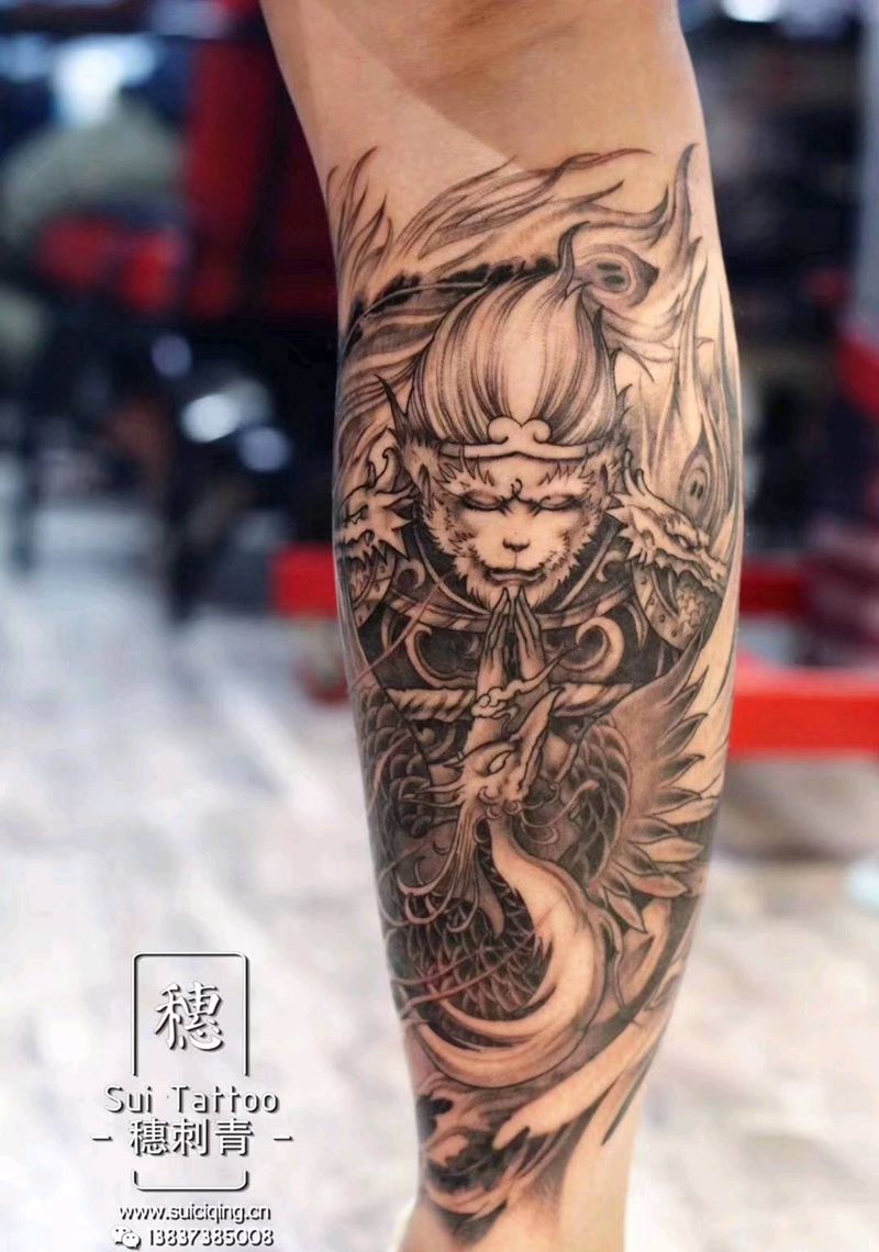 齐天大圣纹身图片_腿部新传统纹身图案