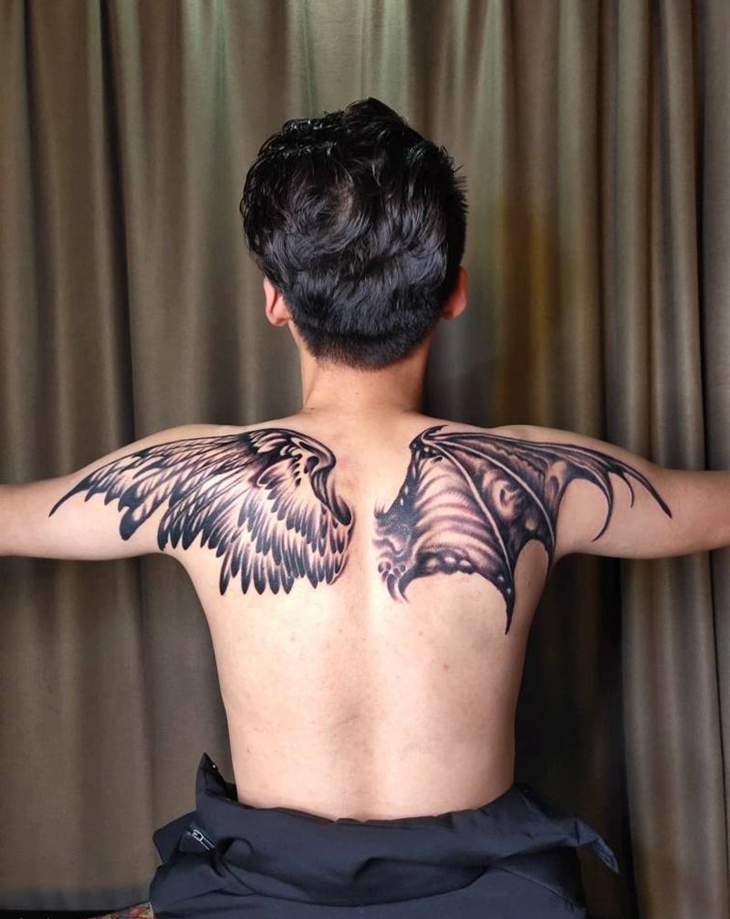 天使与恶魔纹身图片_背部欧美写实纹身图案