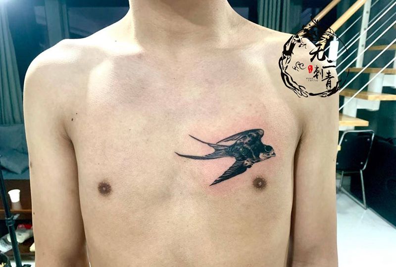 遮盖燕子纹身图片_胸部水墨鸟纹身图案