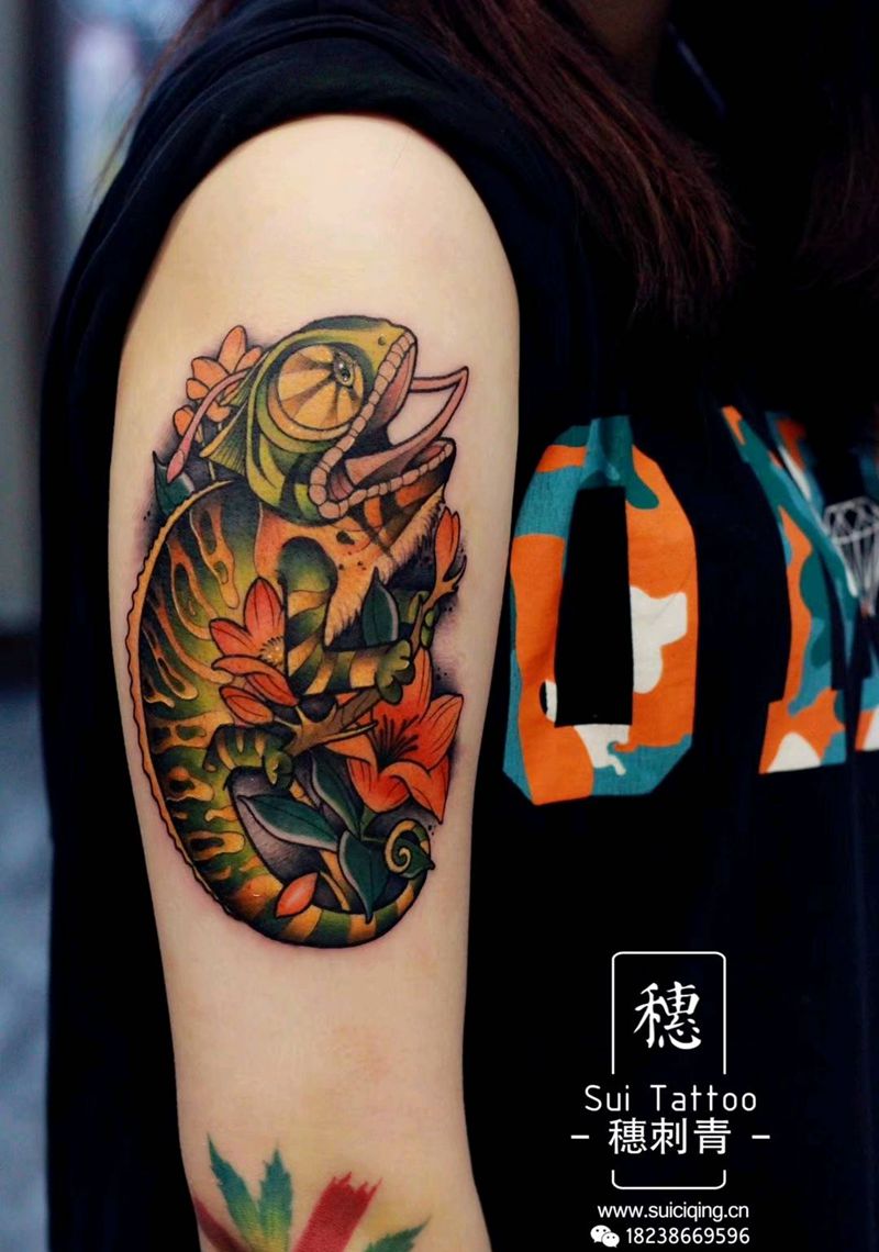 变色龙纹身图片_手臂New SchoolOld School纹身图案