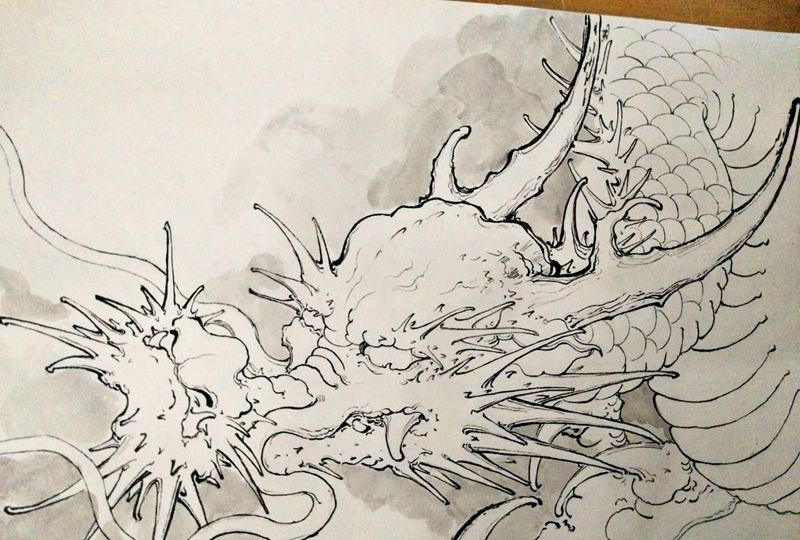 龙纹身图片_手臂胸部新传统龙新传统龙手稿纹身图案