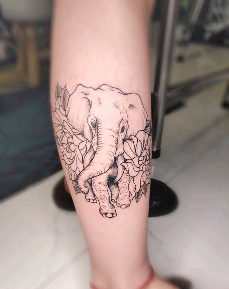 小象纹身图片_腿部点刺纹身图案
