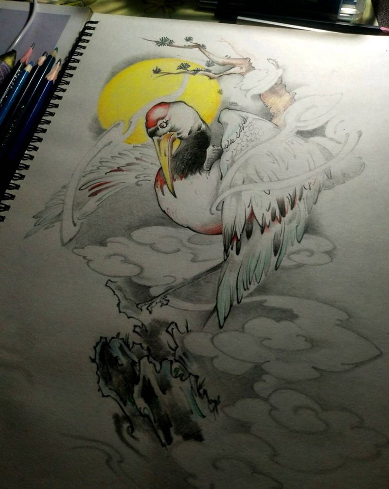 鹤纹身图片_腿部手臂新传统水墨仙鹤纹身图案