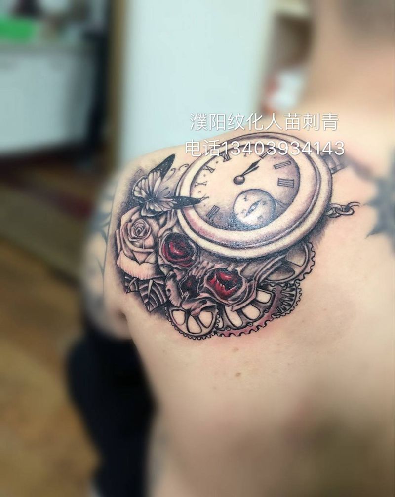 时钟骷髅纹身图片