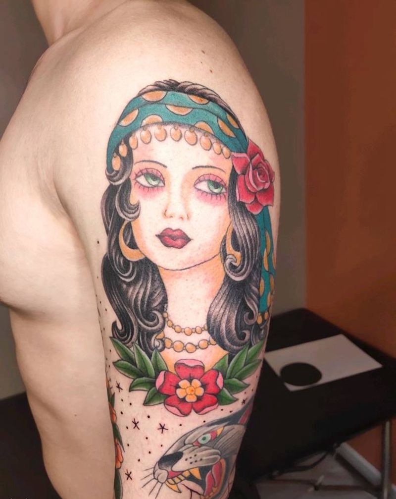 吉普赛女郎纹身图片_手臂Old School纹身图案