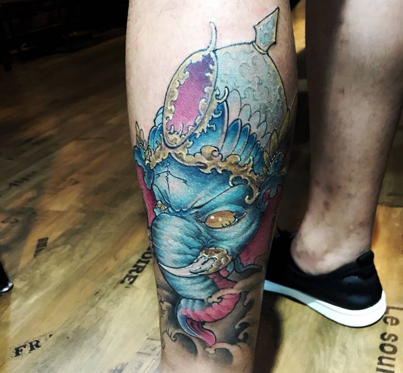 象神纹身图片_成品腿部传统鬼神纹身图案