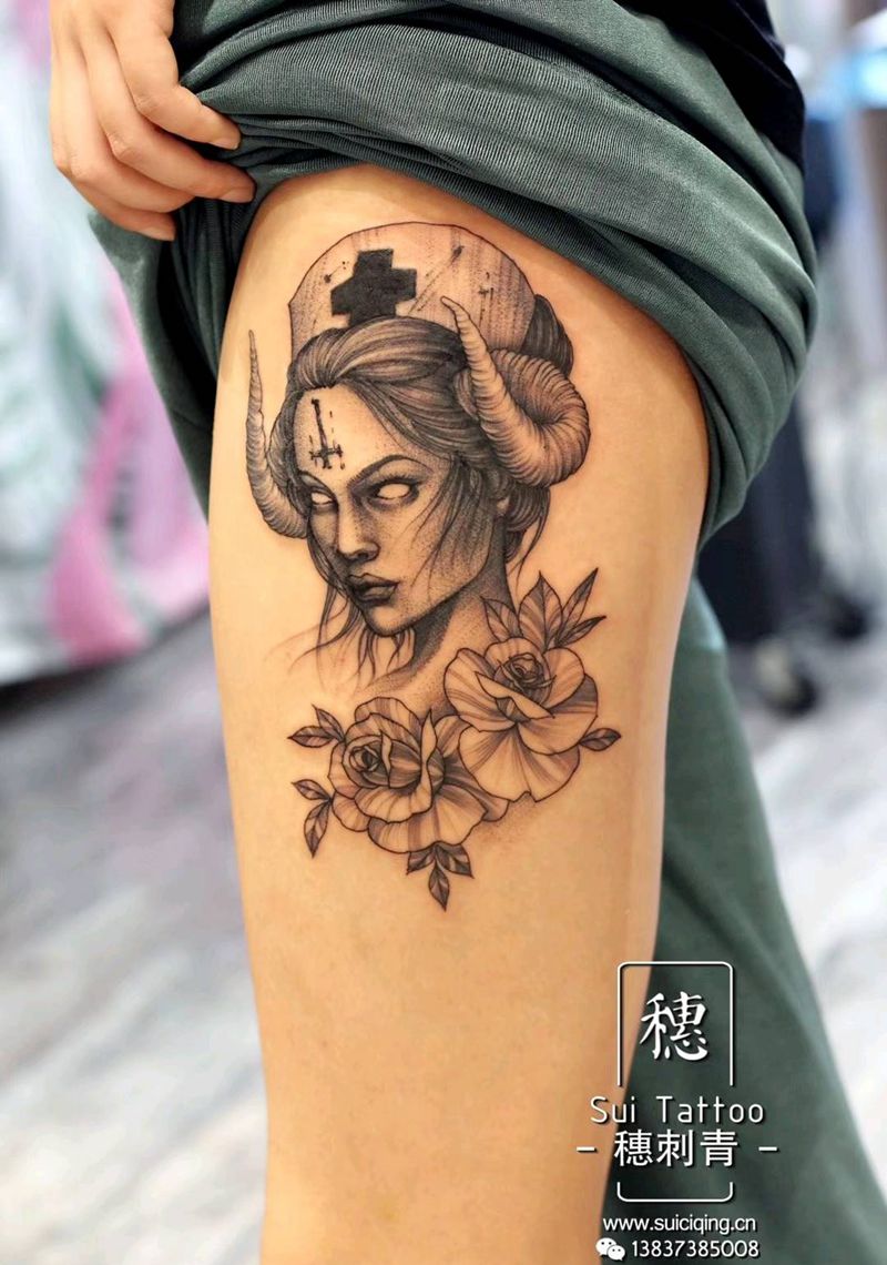 暗黑小护士纹身图片_腿部暗黑护士纹身图案