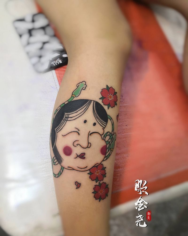 能面纹身图片_腿部老传统面具纹身图案