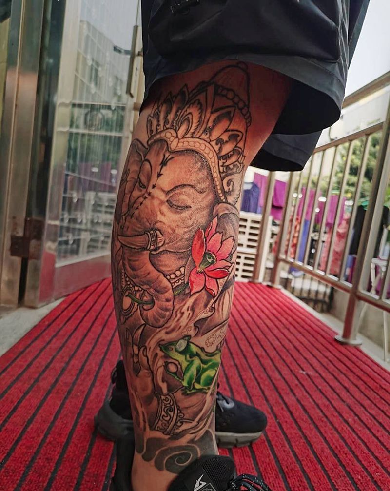 象神纹身图片_腿部新传统纹身图案