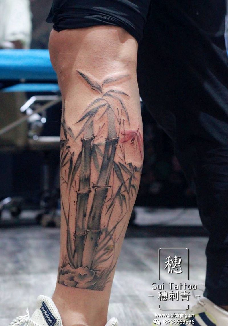 水墨  竹纹身图片_腿部水墨纹身图案