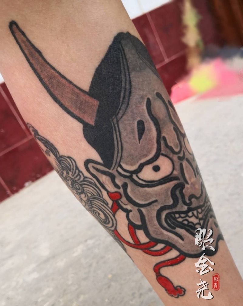 般若纹身图片_腿部老传统般若纹身图案