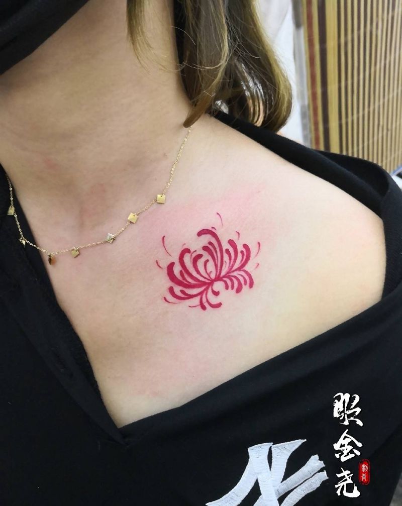 彼岸花纹身图片_肩部胸部水彩彼岸花锁骨纹身图案