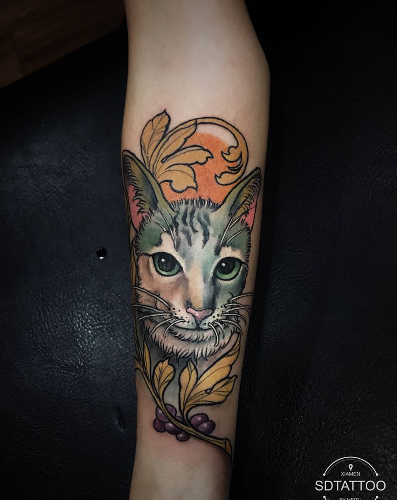 猫纹身图片_手臂Old School纹身图案