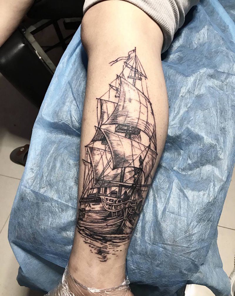 一帆风顺纹身图片_腿部几何纹身图案