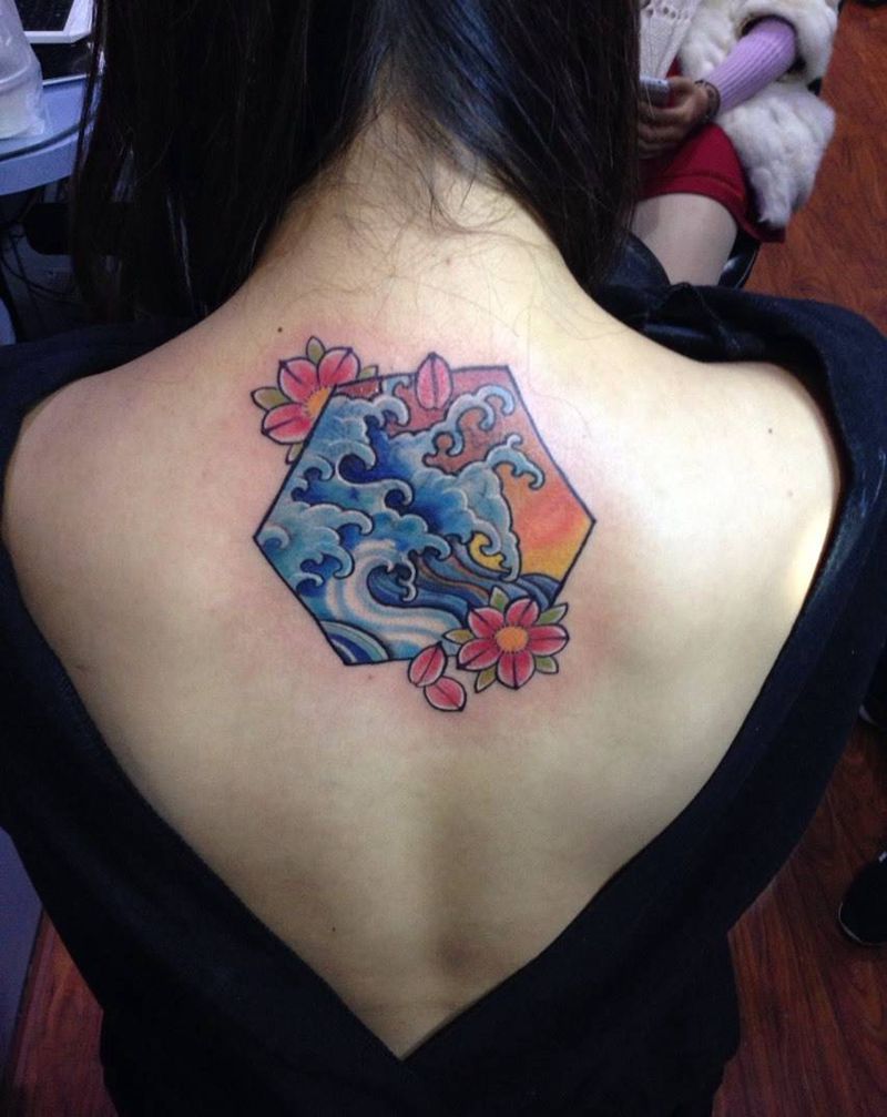 浪花遮盖纹身图片