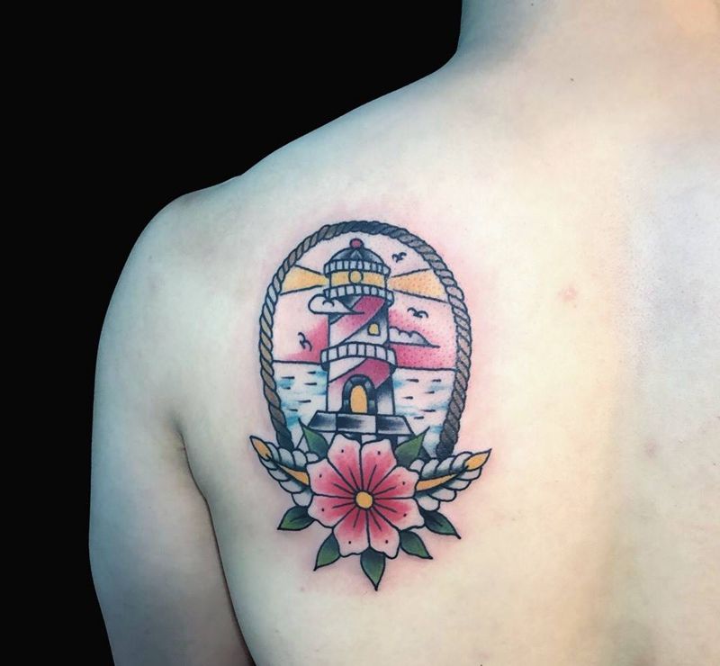 灯塔纹身图片_背部肩部Old School纹身图案