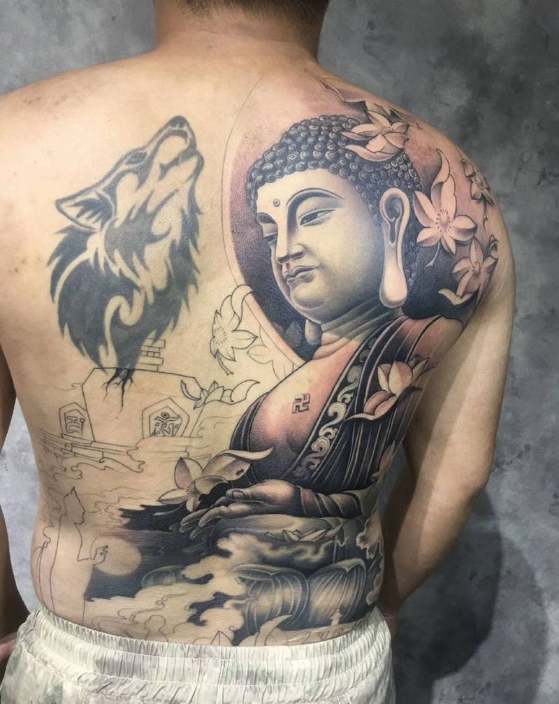 大佛纹身图片_背部新传统纹身图案