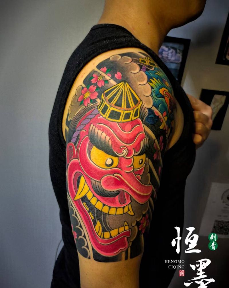 天狗 班诺花臂纹身图片_手臂新传统老传统纹身图案
