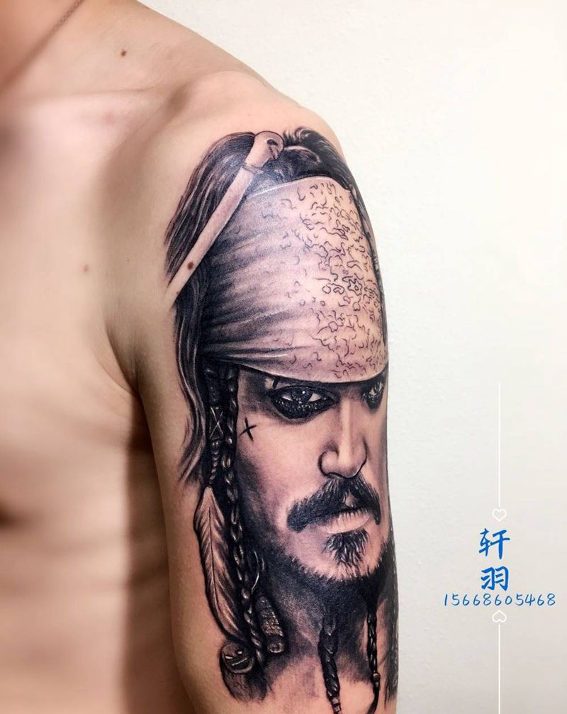 杰克船长纹身图片_成品手臂写实人物纹身图案