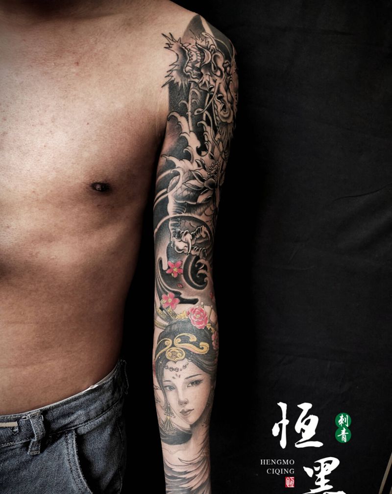 龙凤艺伎花臂纹身图片_手臂新传统纹身图案