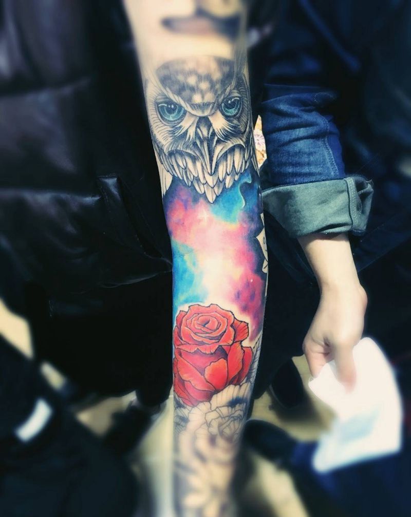 星空猫头鹰纹身图片