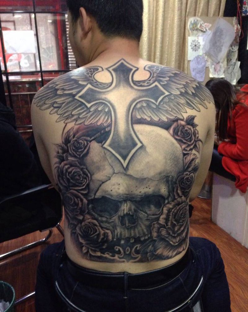 骷髅玫瑰纹身图片