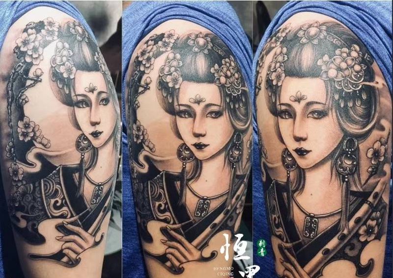 艺伎仙鹤花臂纹身图片_手臂新传统纹身图案