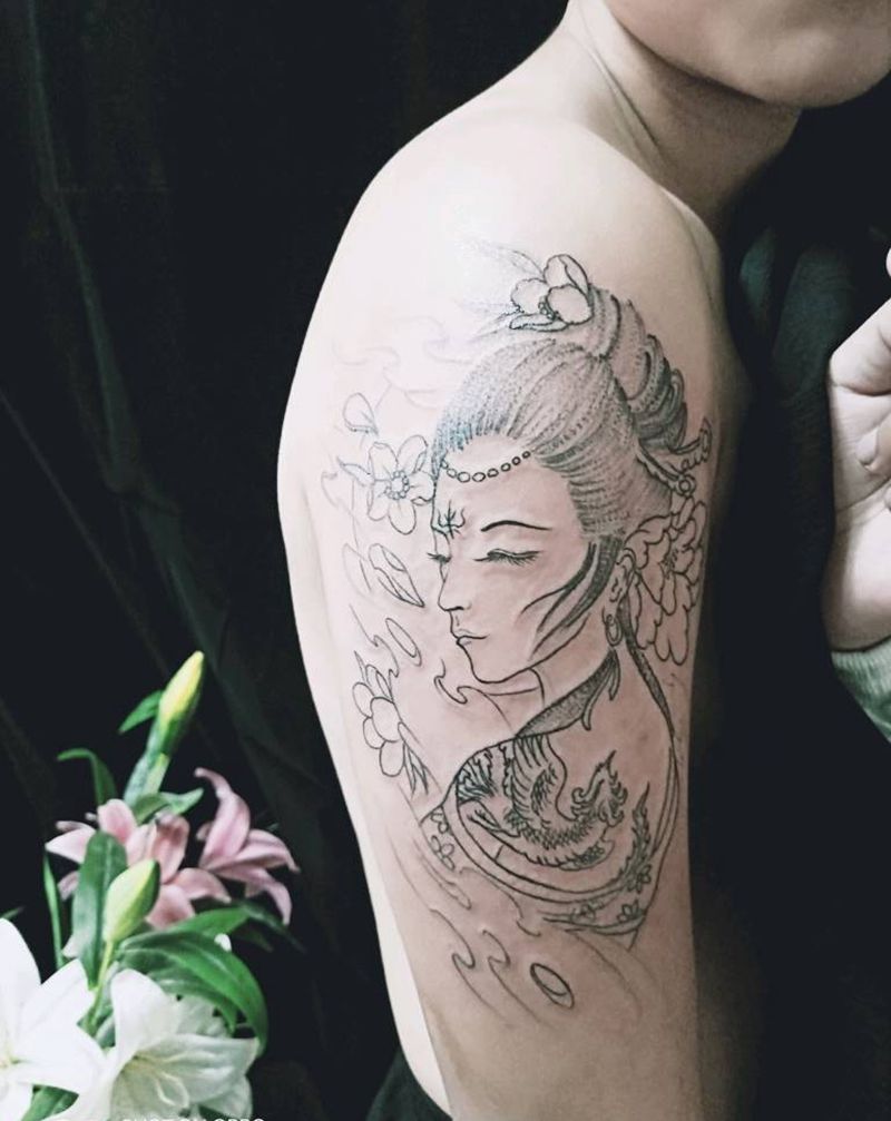 艺伎线条纹身图片