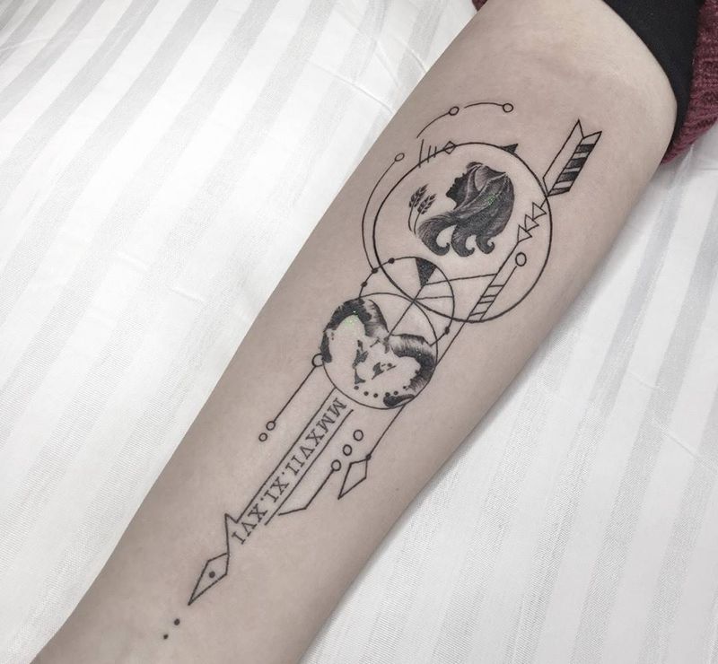 星座结合纹身图片_成品手臂几何纹身图案