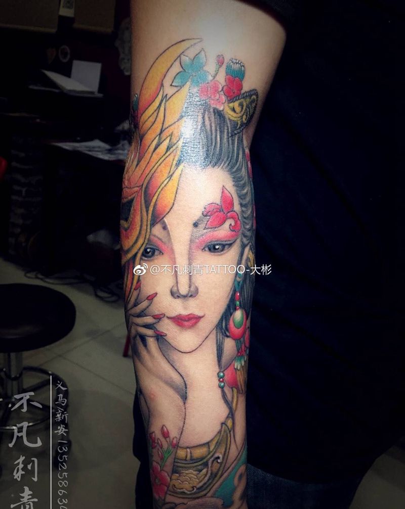 艺妓纹身图片_手臂新传统艺妓纹身图案