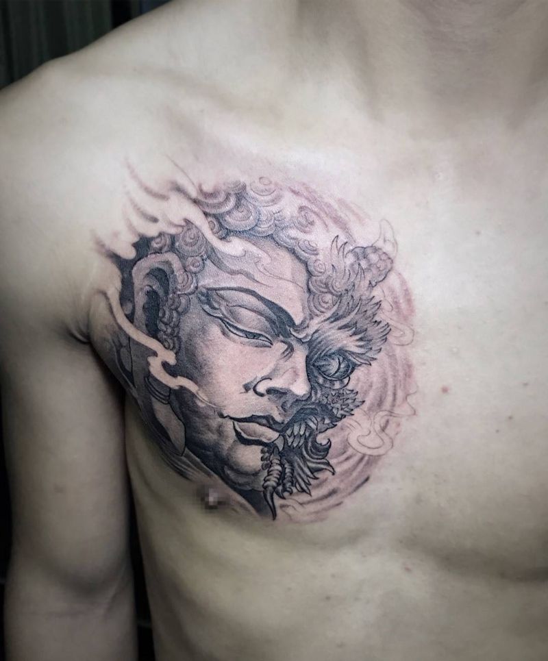 佛与魔纹身图片_成品胸部写实传统人物宗教纹身图案