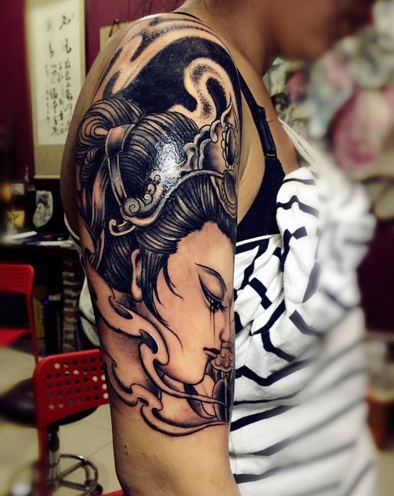 艺妓，遮盖狼头纹身图片_成品肩部手臂传统人物艺姬艺妓纹身图案