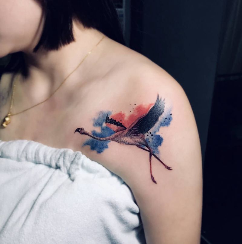 仙鹤纹身图片_颈部水彩鹤纹身图案