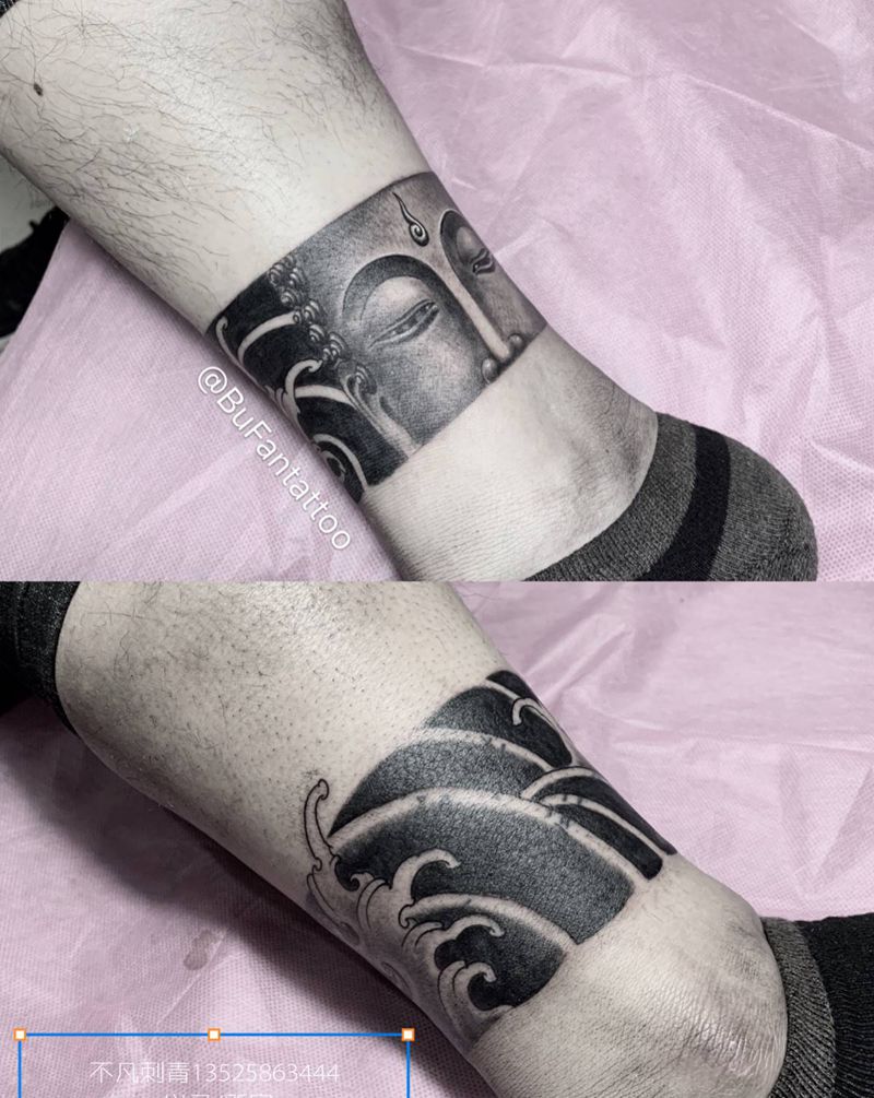 腿环纹身图片_腿部老传统新传统腿环佛遮盖纹身图案