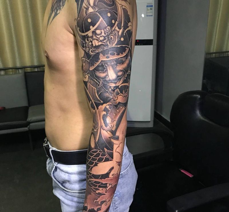 武士花臂(还未完成)纹身图片_成品肖像传统手臂人物鬼神动物植物纹身图案
