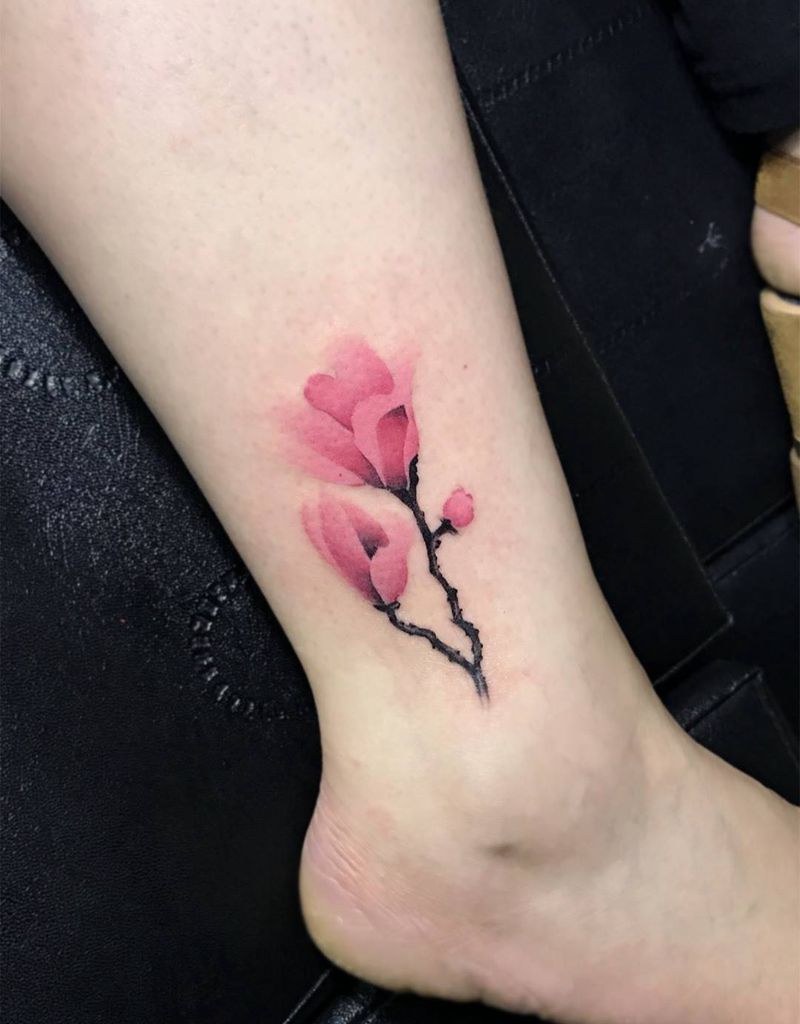 水彩纹身图片_成品腿部清新国画植物静物唯美纹身图案