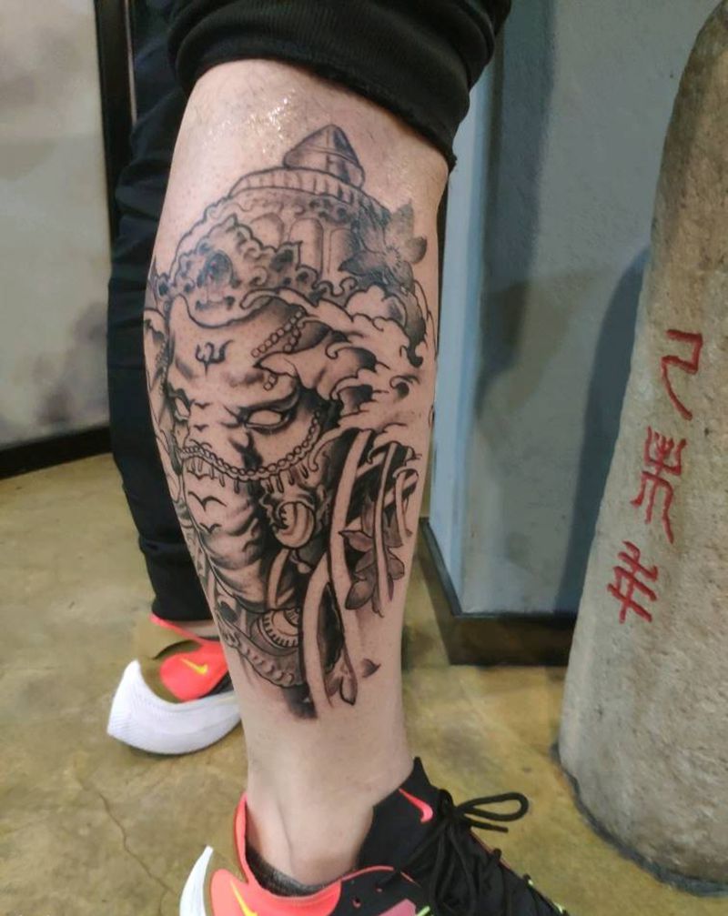 象神纹身图片_腿部新传统纹身图案