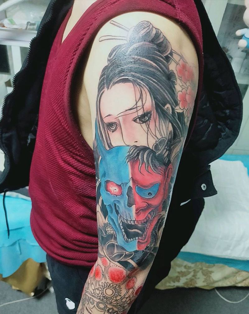 艺伎花臂纹身图片_手臂新传统纹身图案