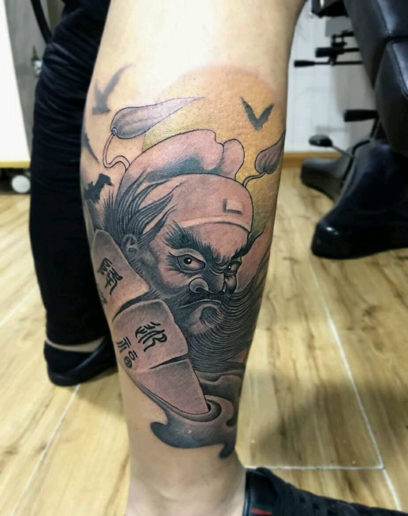 钟馗纹身图片_腿部传统肖像成品纹身图案