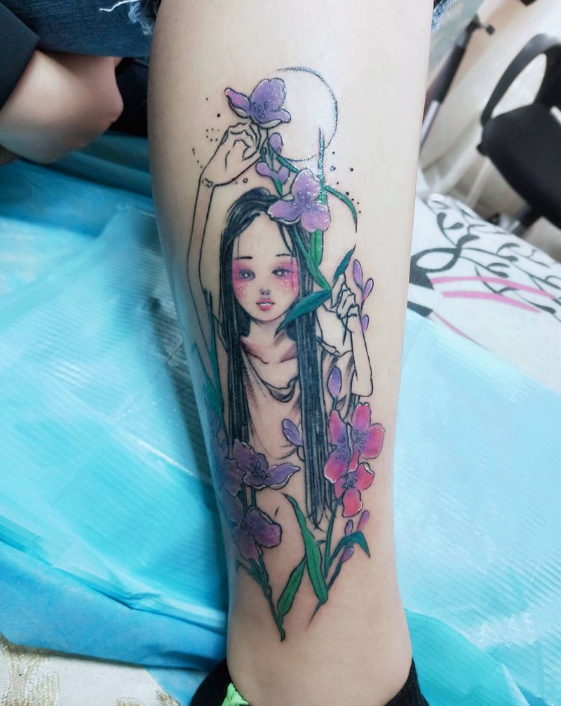 ins风格纹身图片_腿部水彩纹身图案