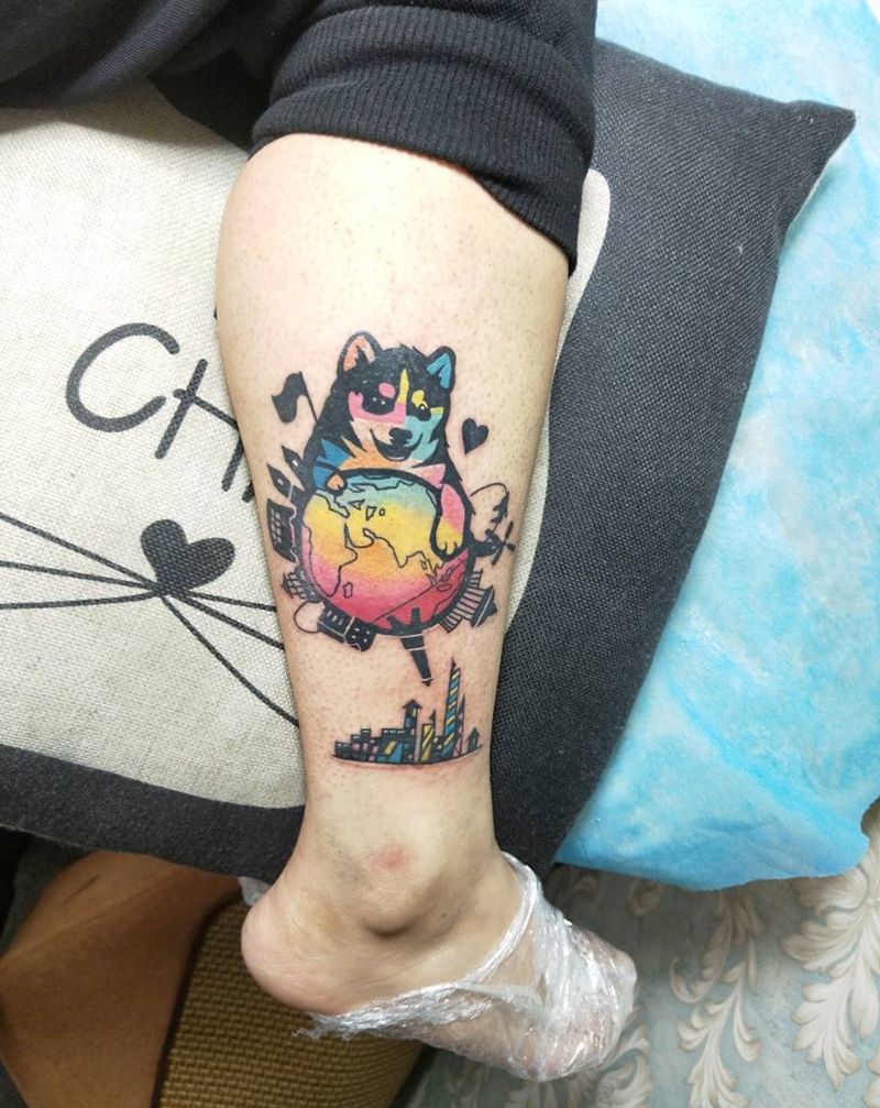 二哈遮盖纹身图片_腿部纹身图案