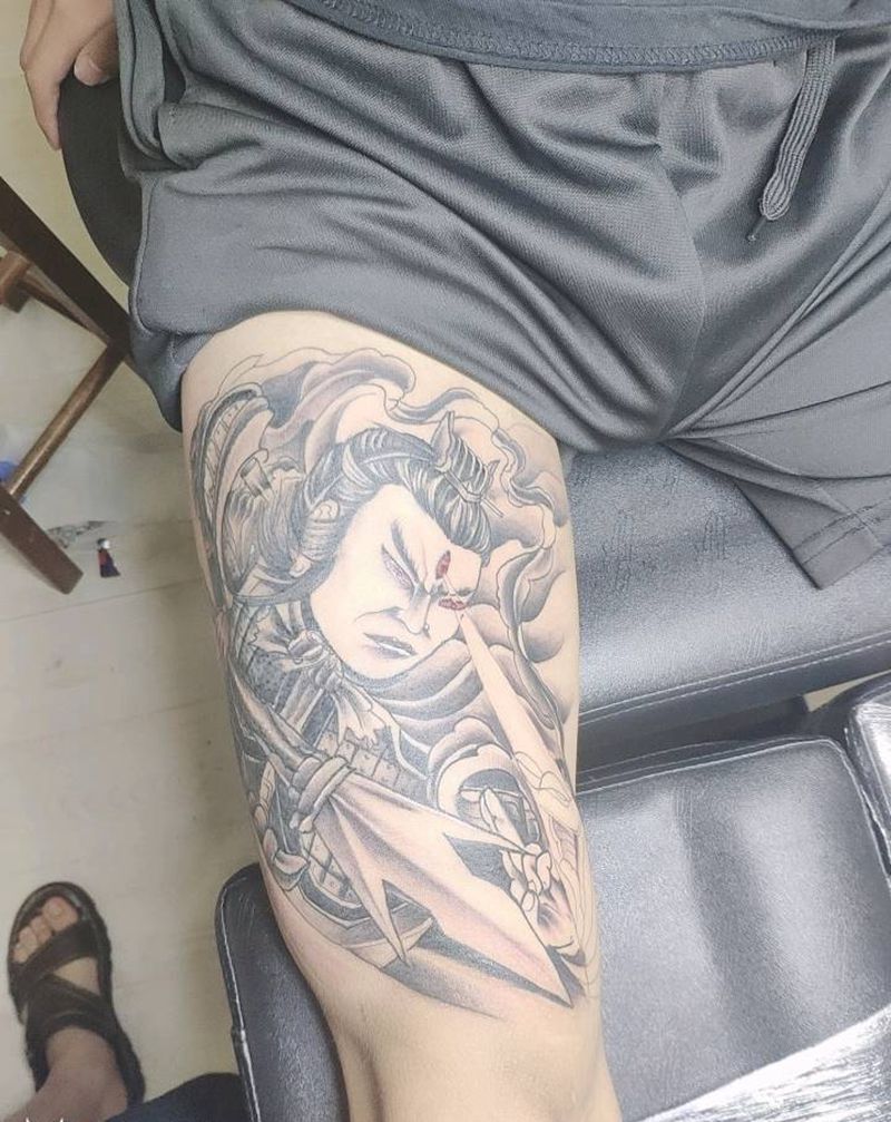 杨戬纹身图片_腿部新传统纹身图案