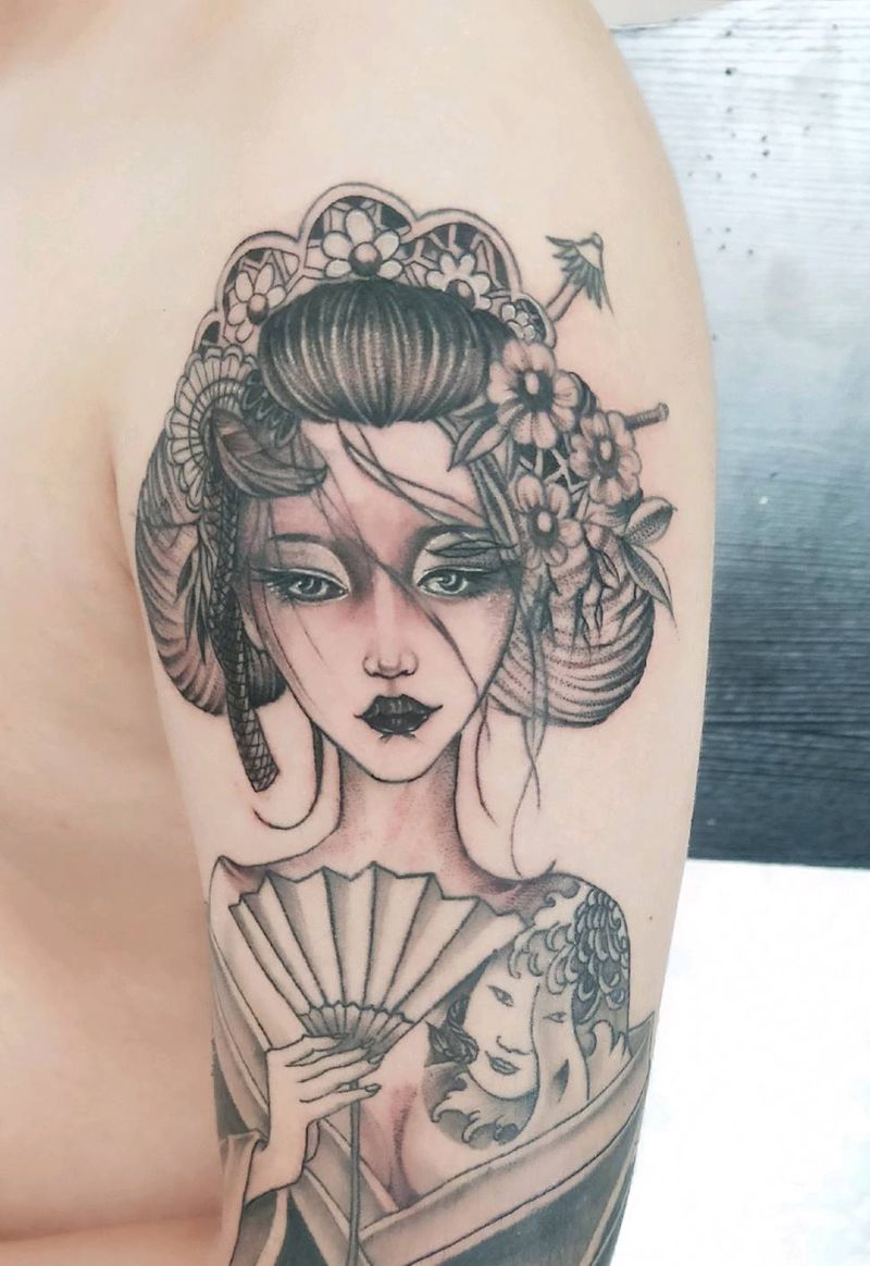 艺伎纹身图片_手臂新传统纹身图案