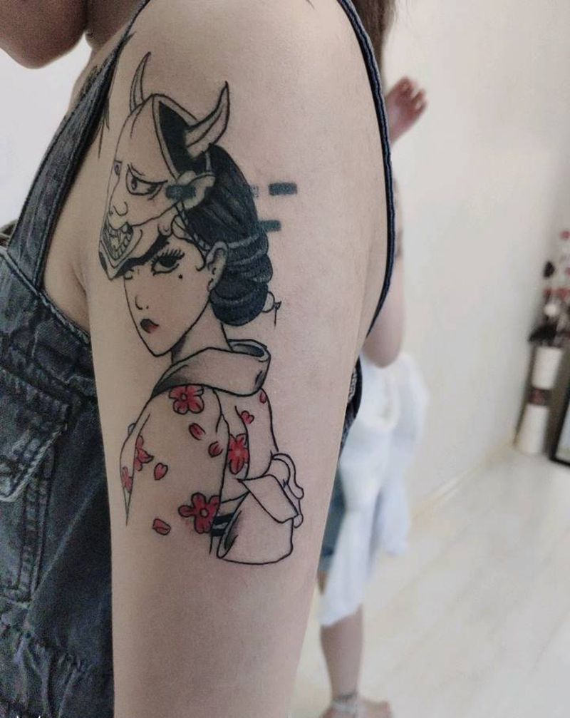 面具美女纹身图片_手臂新传统纹身图案