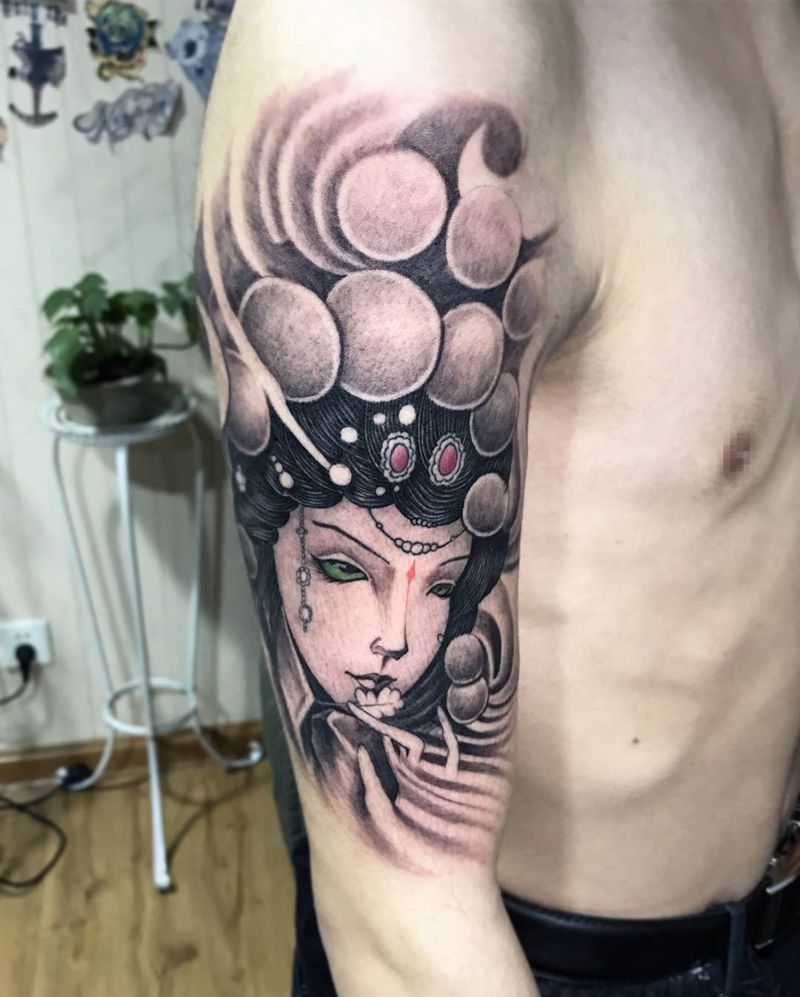 大臂花旦纹身图片_成品手臂传统肖像人物唯美纹身图案