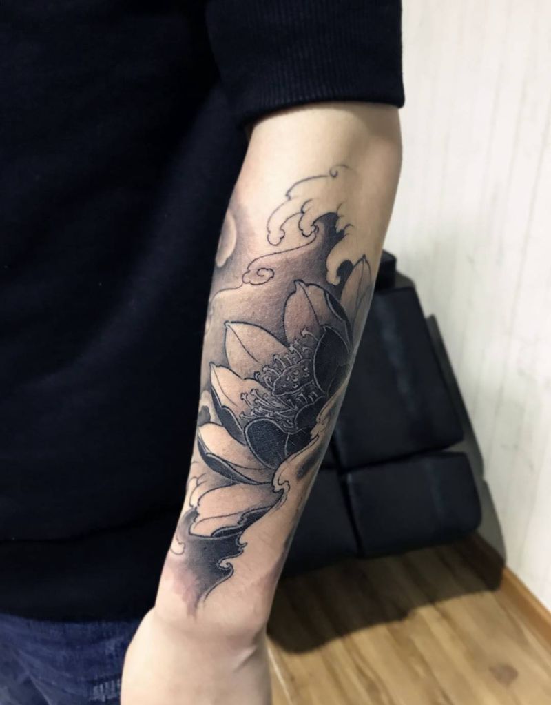 包小臂荷花纹身图片_成品手部手臂传统习俗植物纹身图案