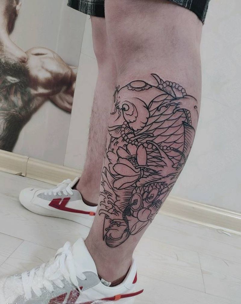 小腿鲤鱼纹身图片_腿部新传统纹身图案