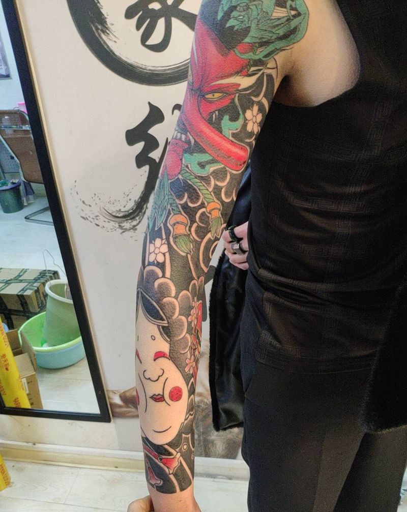 老传统花臂纹身图片_手臂老传统纹身图案